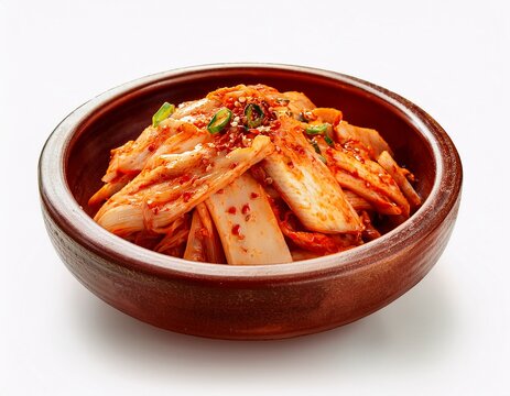 spicy korean kimchi in a rustic bowl isolated on a white background