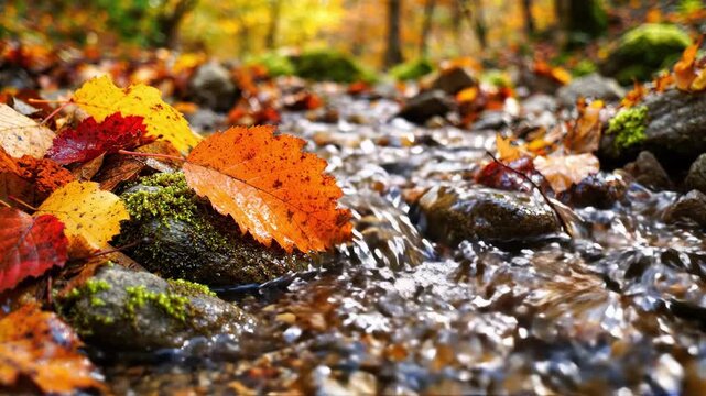 Colorful autumn leaves sit among moss covered rocks as water flows steadily through narrow creek bed. Bright orange, red, and gold foliage contrasts with moving reflections and damp pebbles.
