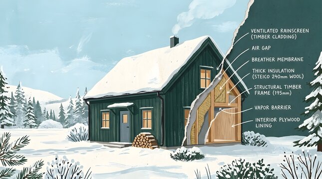 Winter timber frame house construction cutaway reveals insulation layers in snowy forest setting.
