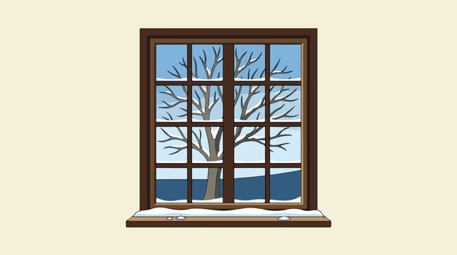 A wooden window frame reveals a chilly winter landscape outside featuring snow covered branches and cold weather scenery for seasonal holiday greeting card designs and festive seasonal projects