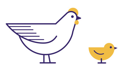 Fototapeta premium Minimalist geometric linear chicken hen and chick icon set, simple vector line art illustration of farm poultry birds isolated