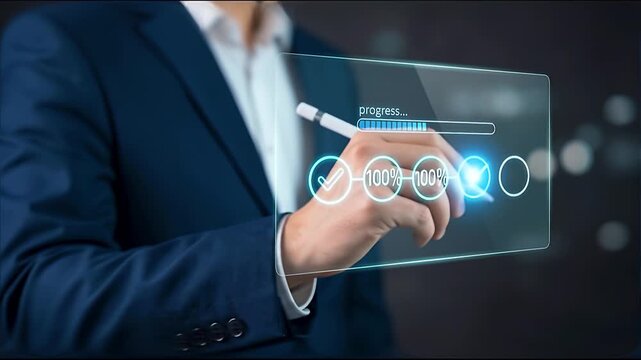 Businessman using stylus pen for touching futuristic interface displaying project progress tracking checklist for modern business workflow productivity management and task completion monitoring system