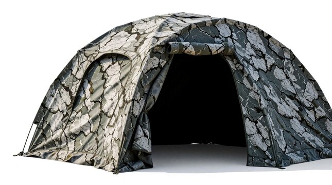 Camouflage tent for outdoor military shelter hunting. Portable camo tent with large entrance for camping, survival, tactical gear storage. Protective shelter features woodland pattern for concealment