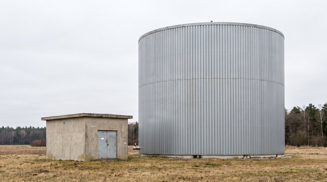 Tall Insulated Steel Sand Battery Silo Beside a Plant Building Showing Long Duration Heat Storage