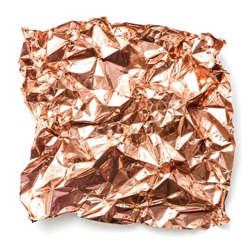 Crumpled copper foil texture isolated on white background, shiny metallic paper surface with folds and creases, abstract material design element