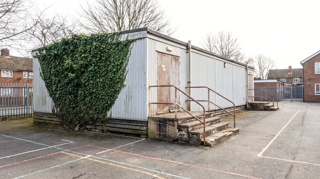 Ageing Portable Classroom Cabin In A School Yard Showing A Permanent Temporary Fix