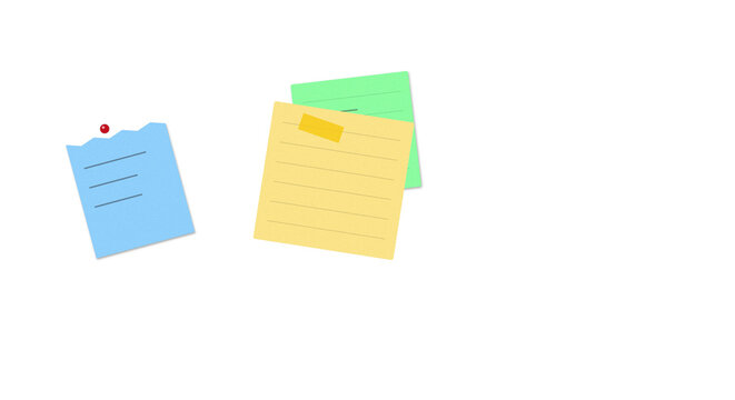 Colorful sticky notes and memo papers attached with pins and tape for office reminders and task planning in a simple flat vector illustration style