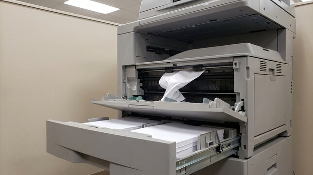 Bottleneck Concept, Office Photocopier With Its Paper Drawer Open And A Jammed Sheet