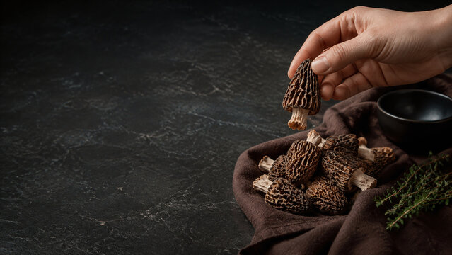 Hand holding dried morel mushroom on dark stone