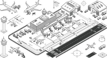 Fototapeta premium Isometric Airport Terminal Layout Vector Set Featuring Airplane Hangars Control Towers Runway Jet Bridges and Ground Service Transportation Vehicles