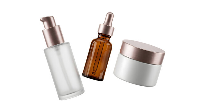 Set of luxury cosmetic skincare containers including a pump bottle a dropper serum bottle and a cream jar