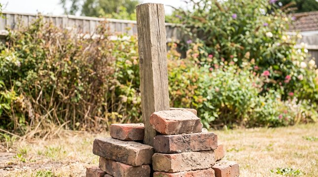 Temporary Fix: Wooden Fence Post Held Upright Only by a Stack of Loose Bricks in a Garden