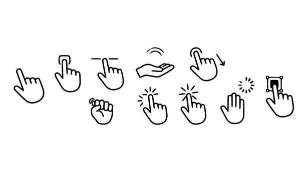 Hand cursor clicking and digital interaction outline icon collection black white vector