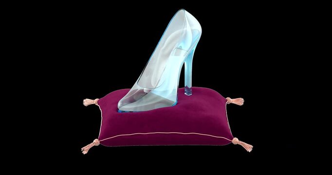 Crystal slipper on decorative cushion rotating rotation animation seamlessly loopable. 3D rendering isolated on transparent background