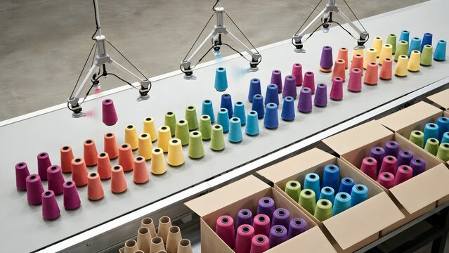 Sorting colorful spools of thread on a conveyor belt in a textile factory