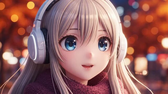 Cartoon anime girl wears white headphones and burgundy scarf, facing forward with soft expression against warm autumn bokeh. Her long silver hair and big blue eyes give cute, polished fantasy style.