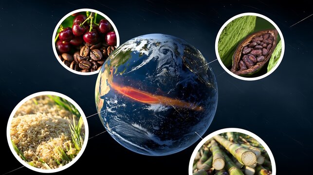 Earth and El Nino warming surrounded by coffee, cocoa, rice and sugarcane crops, visualizing climate-driven food supply disruption, harvest risks and commodity inflation
