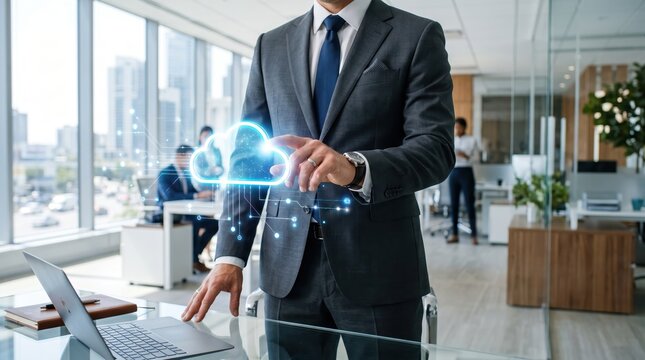 Businessman in suit interacting with futuristic glowing cloud computing hologram interface symbolizing digital transformation, big data storage, cybersecurity, and artificial