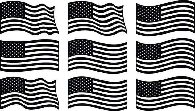 American flag vector collection featuring nine black and white wavy national icons isolated on a clean white background for design