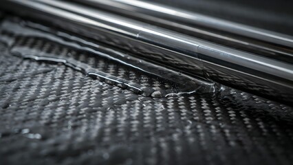 Fototapeta premium Close-up of a sleek black carbon fiber surface with water droplet pattern and glossy finish