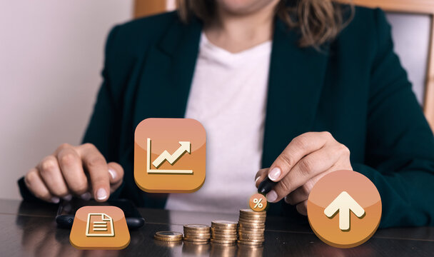 Businesswoman analyzing rising investment returns with coins financial growth and interest indicators