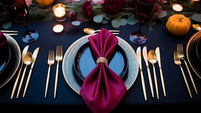 Elegant luxury table setting with burgundy napkin and gold cutlery for festive dinner party