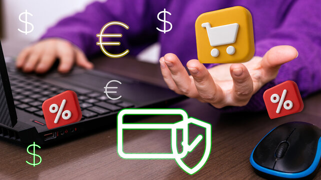 Online shopper using laptop with secure payment discounts and currency symbols displayed
