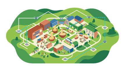 Fototapeta premium Isometric smart city illustration featuring delivery drones and outdoor food market
