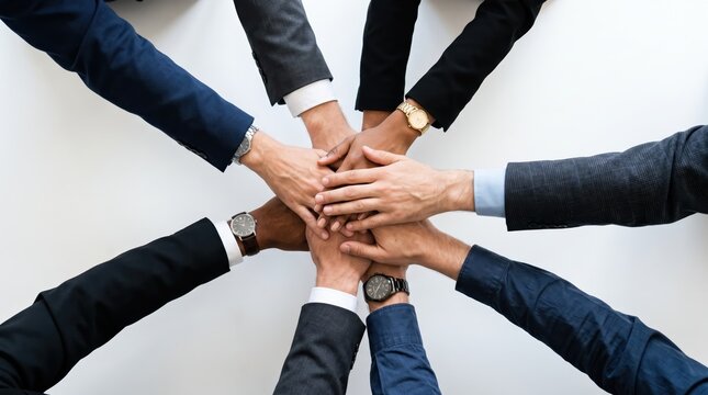 Business team hands together in unity showing partnership, corporate success, and collaboration for diverse group working on project goals, agreement, trust, and solidarity