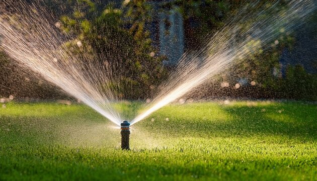 automatic sprinkler system watering a fresh green lawn with a pop up sprinkler head