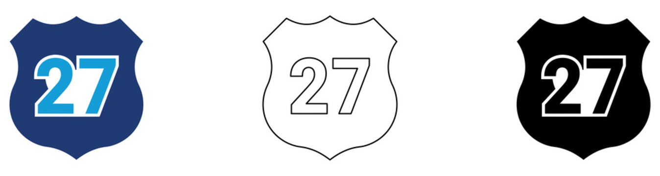 Multicolor Route 27 Shield Icon Set with Filled and Outline Styles for Highway Identification Road Number Markers Transportation Networks and Traffic Navigation Isolated on Transparent Background