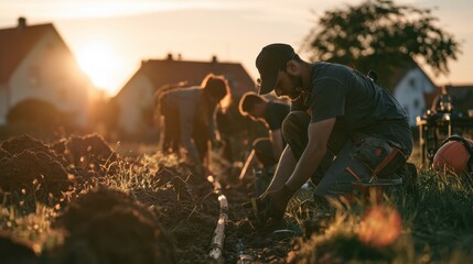 Fototapeta premium Man planting tree seedling in field during sunset with woman helping farming together outdoors sustainable agricultural activity