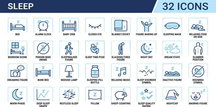 Blue line icons set of sleep elements featuring bed insomnia medicine dream mask pillow and night sky