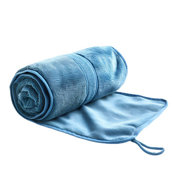 A rolled microfiber travel towel, soft texture, with travel pouch, isolated on white background
