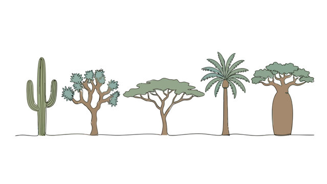 Collection of diverse desert trees and plants including cactus baobab and palm in a simple flat vector illustration for nature or travel concepts