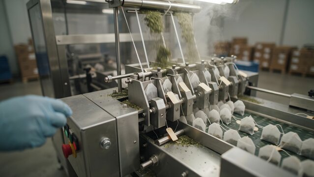 Automated manufacturing machine packaging products with green herbs in factory