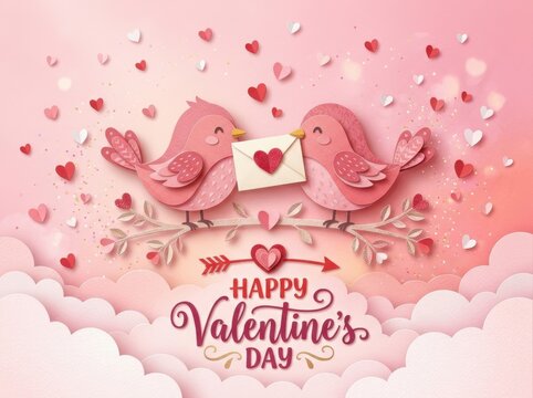 Cute paper craft valentines day card featuring two pink birds on a branch holding a love letter with hearts and clouds