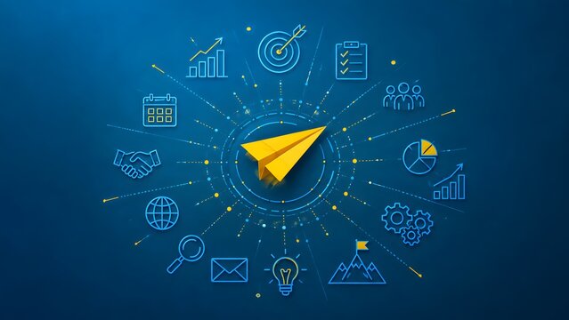 Yellow paper airplane surrounded by glowing blue business strategy icons representing startup ecosystem and growth