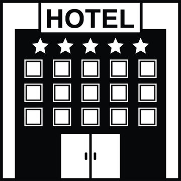 Five star luxury hotel building facade black filled glyph icon premium accommodation hospitality real estate vector