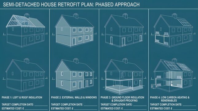 Blue architectural blueprint showing phased semi detached house deep energy retrofit planning.