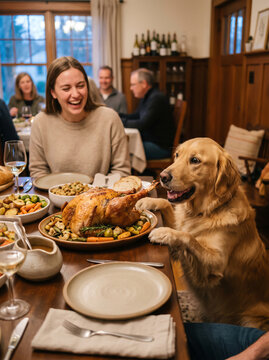 Thanksgiving dinner with family and golden retriever stealing turkey from the table
