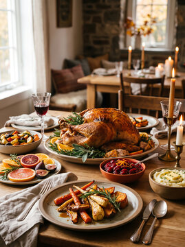 Festive thanksgiving dinner with roasted turkey and side dishes on a wooden table