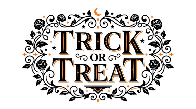 Elegant vintage style trick or treat typography design with intricate floral frame isolated on a plain white background for halloween projects