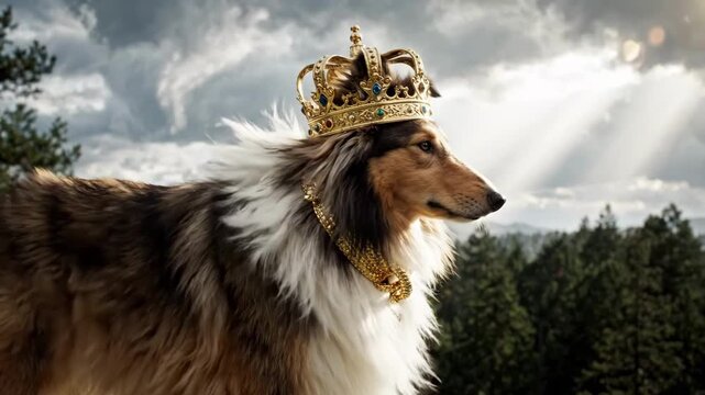 Crowned collie stands on rocky ledge, wearing gold necklace and regal crown above dense pine forest. Sunbeams break through storm clouds while long fur ripples in mountain wind, shown in profile.