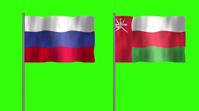 Flag of Oman and Russia, Pole flag of Oman and Russia on Green screen chroma key, Oman and Russia flag waving.
