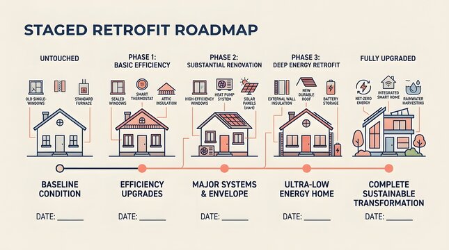 Staged retrofit roadmap visualizing transition from basic baseline home to sustainable house.