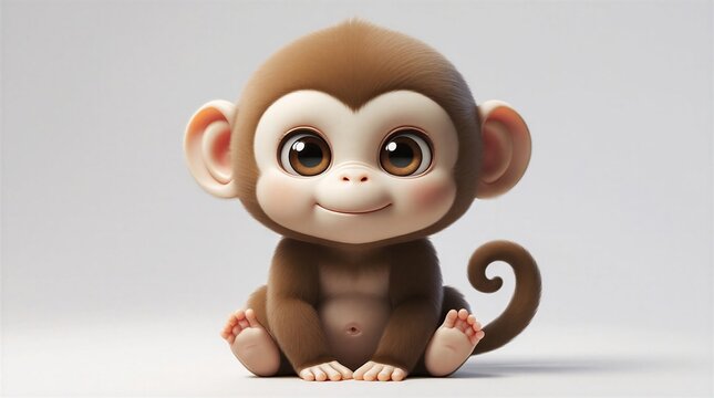 Cute 3D cartoon baby monkey with brown fur and curly tail sitting on a white background.