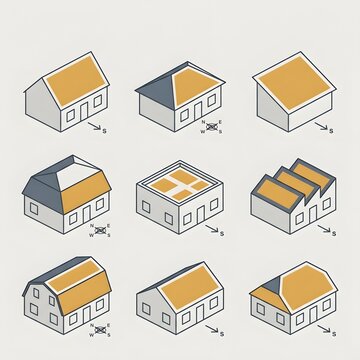 Various roof form and orientation styles showcasing isometric house designs for solar analysis.