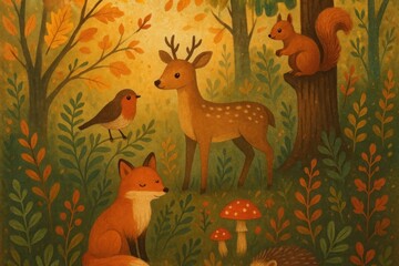 Fototapeta premium Whimsical forest animals background