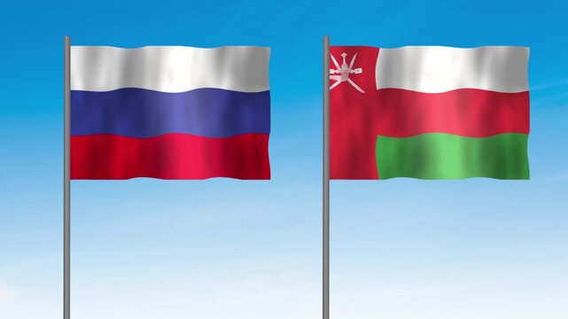 Flag of Oman and Russia, Pole flag of Oman and Russia on clear sky background. Oman and Russia flag waving. 

